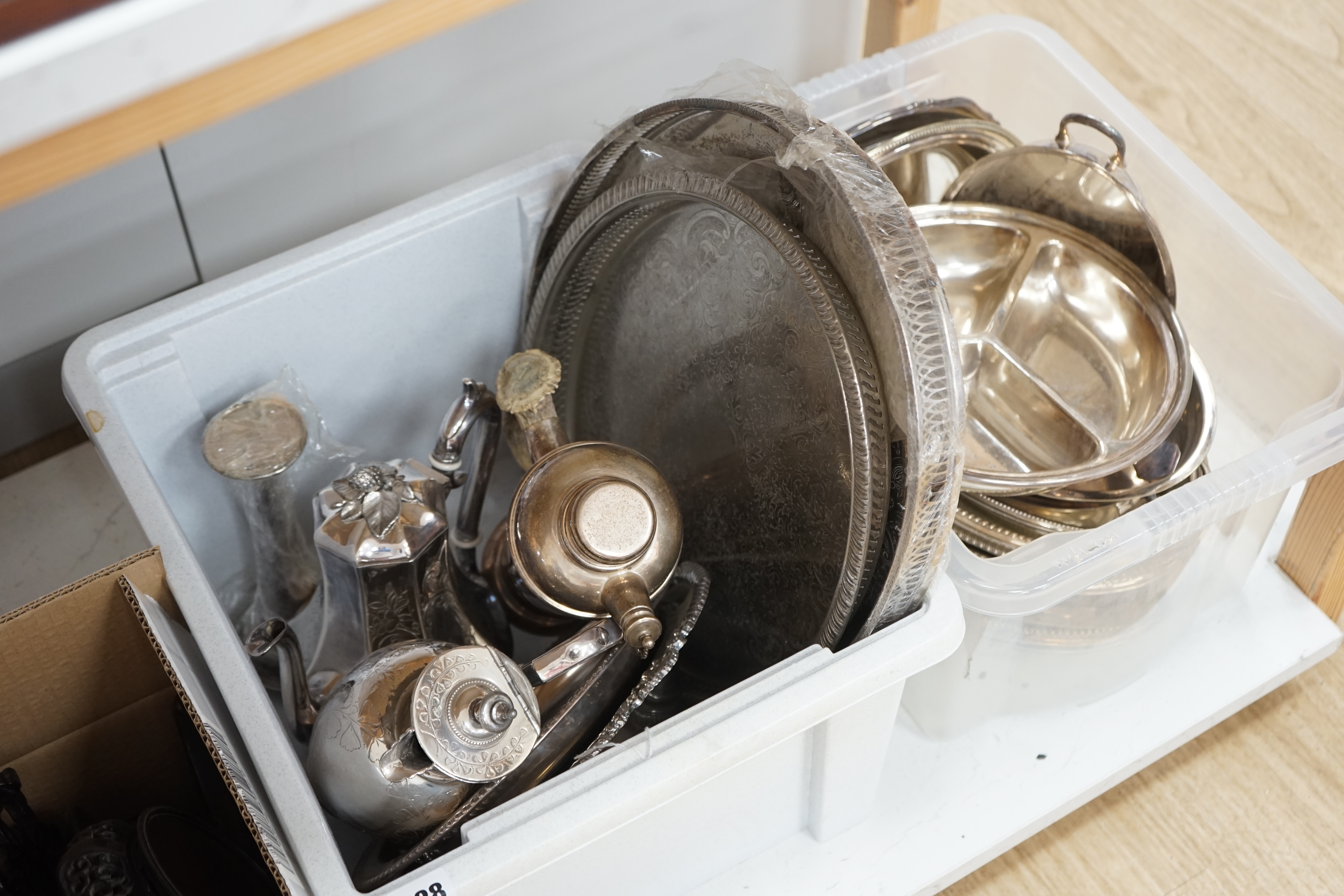 A quantity of silver plate to include vintage cocktail shaker with antler handle, trays, dishes etc. Condition - fair